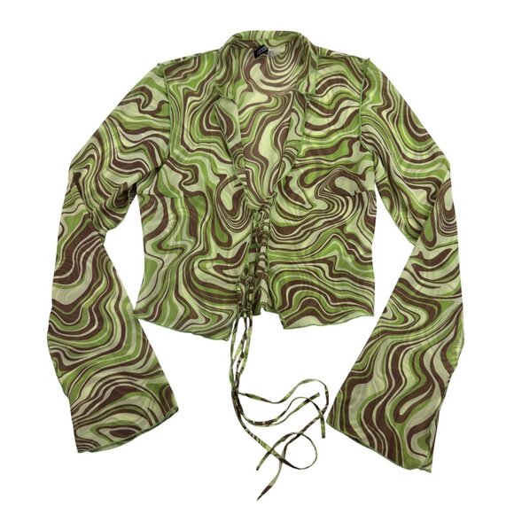 H&M Green/Brown Psychedelic print Retro Tie Front Mesh Chiffon blouse Women's sm - Picture 1 of 9